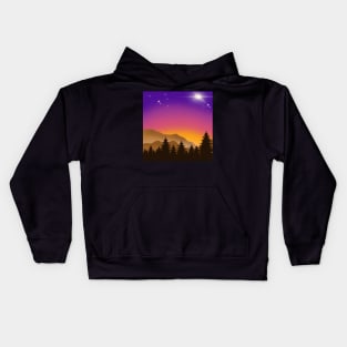 Midnight Purple Sky with Glowing Stars and Pine Trees Landscape Kids Hoodie